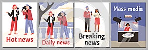 A set vector posters with reporters, journalists and leading news at tv studio