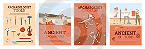 Set of vector posters on theme archeology and archaeological excavations.