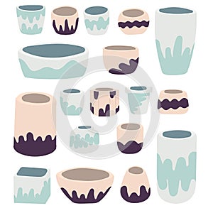 Set of vector pots for flowers. Vector flowerspots in pastel colors.