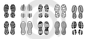 Set Of Vector Prints Featuring Shoe Soles, Footprints Black Silhouettes, Includes Foot, Shoe, Boot, Sneakers Imprints