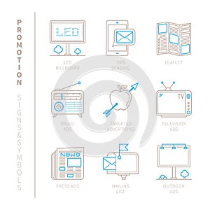 Set of vector promotion icons and concepts in mono thin line style