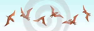 A set of vector Pterodactyls in brown .Six Jurassic animals in different poses in flight.Vector cartoon illustration