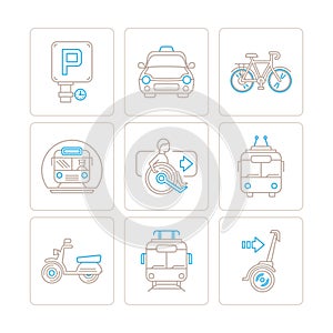 Set of vector public transport icons and concepts in mono thin line style