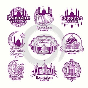 Set vector purple illustrations, sign for Ramadan Kareem with lantern, towers of mosque, crescent