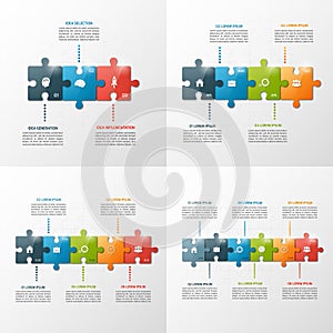 Set of vector puzzle style timeline infographic templates.