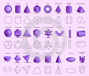 Set of vector realistic 3D purple geometric shapes isolated on violet background. Mathematics of geometric shapes