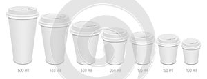 Set of vector realistic blank disposable coffee cups with lids. Different sizes of paper glasses for vending and hot drinks to go