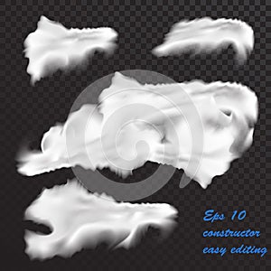 Set of vector realistic clouds isolated on a translucent dark background.Separate easily editable translucent objects