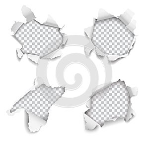 Set of vector realistic holes torn in paper on white background