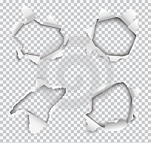 Set of vector realistic holes torn in white paper isolated on transparent background