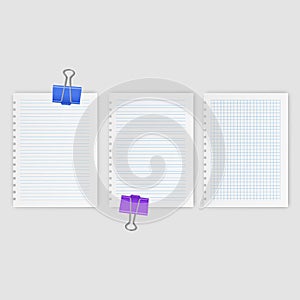 Set of vector realistic illustrations of a torn sheet of paper from a workbook with shadow, isolated