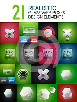 Set of vector realistic transparent glass web boxes, design elements, internet banners or interface backdrops