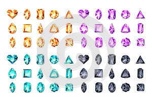 Set of vector realistic turquoise, black, purple, orange gems and jewels on white background. Multicolor shiny diamonds