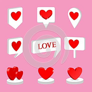 Set vector red hearts 3-D for valentine`s day.Creative icon design for various tasks.illustration.Concept of love on pink.