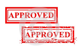 Simple Set 2 Vector red Rectangle rubber stamp effect Approved, Isolated on White