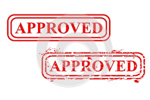 Simple Set 2 Vector red Rectangle rubber stamp effect Approved, Isolated on White