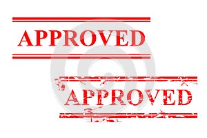 Simple Set 2 Vector red Rectangle rubber stamp effect Approved, Isolated on White