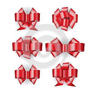 Set of vector red ribbon bows isolated on white background with shadow. Can use for decoration christmas