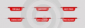 Set of vector red ribbons tags isolated on trasparent background. Red vector banner ribbon coming soon. Sale, price tag. Label