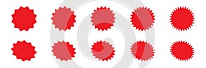 Set of vector red starburst, sunburst badges. Red icons on white background. Simple flat style vintage labels, stickers.