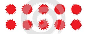 Set of vector red starburst, sunburst badges. Red icons on white background. Simple flat style vintage labels, stickers.