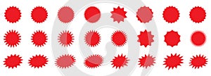 Set of vector red starburst, sunburst badges. Shopping labels collection. Special offer price tag. Sale or discount sticker.