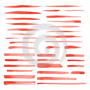 Set of vector red watercolor brush strokes, stripes, smears