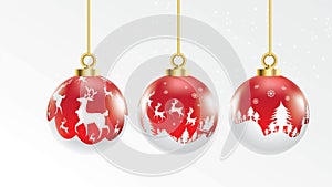 Set of vector red and white christmas balls with ornaments. glossy collection isolated realistic decorations. Vector illustration