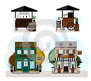 A set of vector restaurants, food carts and cafes. Irish pub exterior, coffee house. Flat design of facade. Beer house