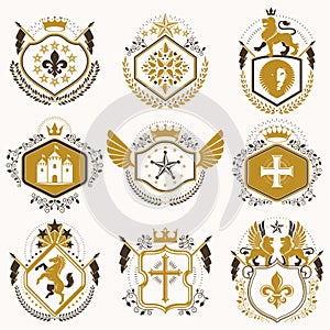 Set of vector retro vintage insignias created with design elements like medieval castles, armory, wild animals, imperial crowns.