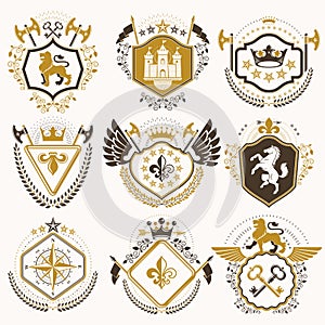 Set of vector retro vintage insignias created with design elements like medieval castles, armory, wild animals, imperial crowns.