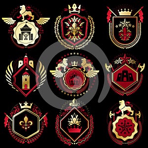 Set of vector retro vintage insignias created with design elements like medieval castles, armory, wild animals, imperial crowns.