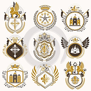 Set of vector retro vintage insignias created with design elements like medieval castles, armory, wild animals, imperial crowns.