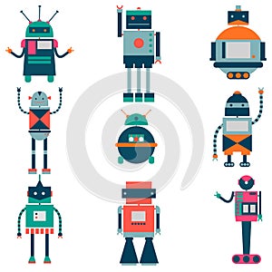 Set of vector robots in cartoon style. Isolated vector robots in a white background