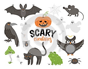 Set of vector scary creatures. Halloween characters icons collection. Cute autumn all saints eve illustration with bat, pumpkin,