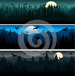 Set of vector Scary Halloween mountains forest background texture seamless pattern with woodland, castles and bats