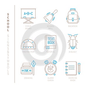 Set of vector school icons and concepts in mono thin line style