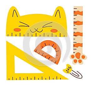 Set of vector school rulers. Flat cartoon style. Ruler, Triangle, Protractor. Hand drawn illustration.
