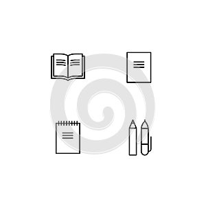 Set of vector school theme icons. Study collection of black pictogram book, notebook, pen and pencil isolated on white background