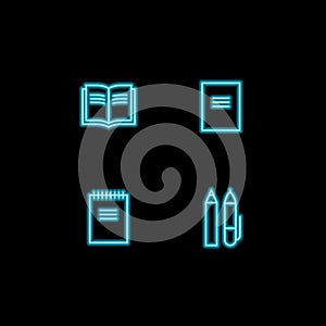 Set of vector school theme neon blue icons. Study collection of glowing pictogram book, notebook, pen and pencil isolated on black