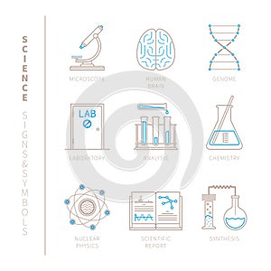 Set of vector science icons and concepts in mono thin line style