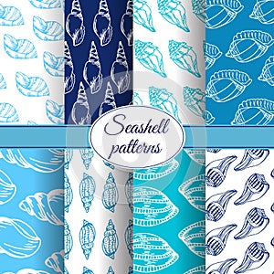 Set of vector sea patterns. Summer background with shell elements.