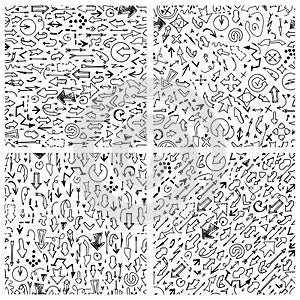 Set of vector seamless arrow patterns in doodle style - hand drawn design. Drawing sketch backgrounds Also you can use