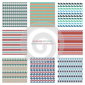 Set of vector seamless pattern in boho, ethnic, maori tattoo style. Colored geometric simple border