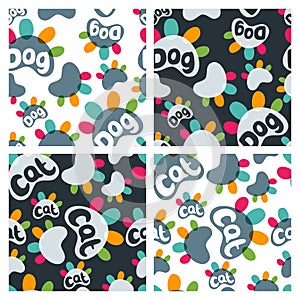 Set of vector seamless pattern with colorful cat and dog paws and hand drawn letters.