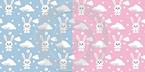 Set of vector seamless pattern with cute rabbit, clouds, stars on blue and pink background