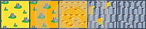 Set of Vector seamless pattern of gray house on yellow and orange background. Property sale. Modern city. Smart Home. Real estate