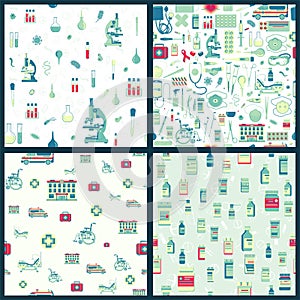 Set of vector seamless pattern with Medical accessories and attributes. Microscope, hospital, wheelchair and more