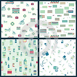 Set of vector seamless pattern with Medical supplies, accessories and attributes. Hospital, wheelchair, mask and more