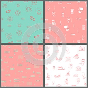 Set of vector seamless pattern with outlines of Medical supplies, accessories and attributes. For web, logo, app, UI